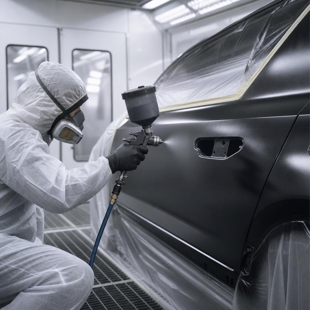 Painter spraying a car door in a paint booth